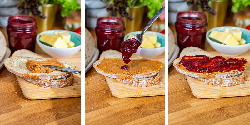 Couper Deux Tranches Épaisses De Pain Au Cannabis À L’Aide Du Couteau À Pain Et De La Planche À Découper Étale Le Beurre De Cacahuète Et La Confiture Sur Un Morceau De Pain (Côté Beurre Vers Le Haut)