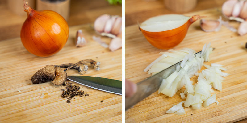 Hachez Les Oignons, Les Champignons Et L’Ail. Faites Chauffer L’Huile Dans La Casserole