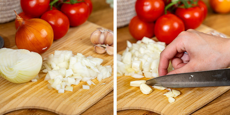 Hachez Les Oignons, L’Ail Et Les Tomates (Si Vous Utilisez Des Tomates Fraîches). Mettez-Les De Côté