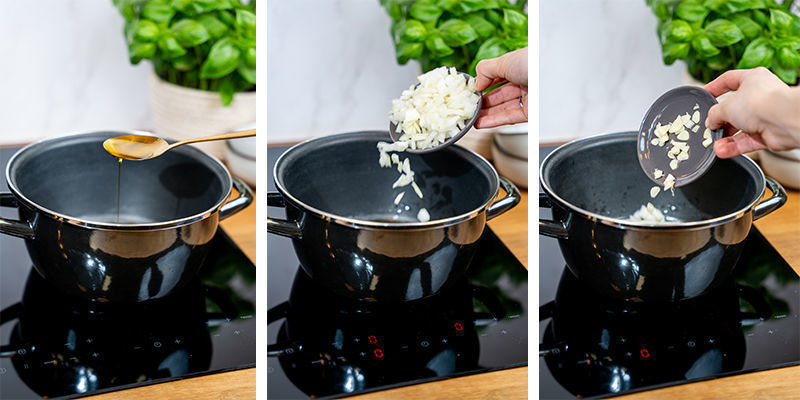 Faites Chauffer Votre Huile De Cuisine Non-Infusée Dans La Casserole Et Faites Sauter Vos Oignons Hachés Jusqu’à Ce Qu’ils Deviennent Translucides. Ajoutez Votre Ail Et Faites Cuire Jusqu’Á Ce Qu’Il Dégage Son Parfum