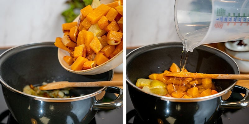 Ajoutez La Courge Rôtie Et Le Bouillon De Légumes Avec L’Eau En Faisant Mijoter